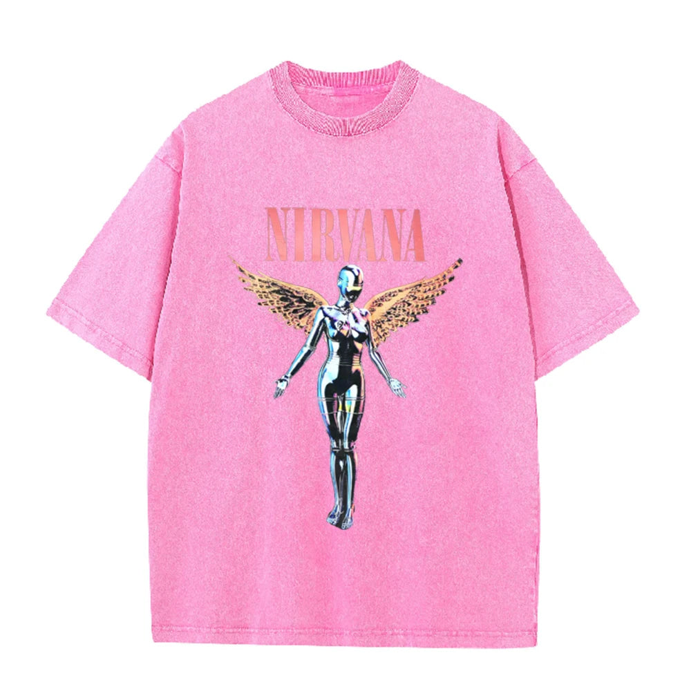 Nirvana Angel In Utero Print Vintage Washed T Shirt Rock Band Casual Top