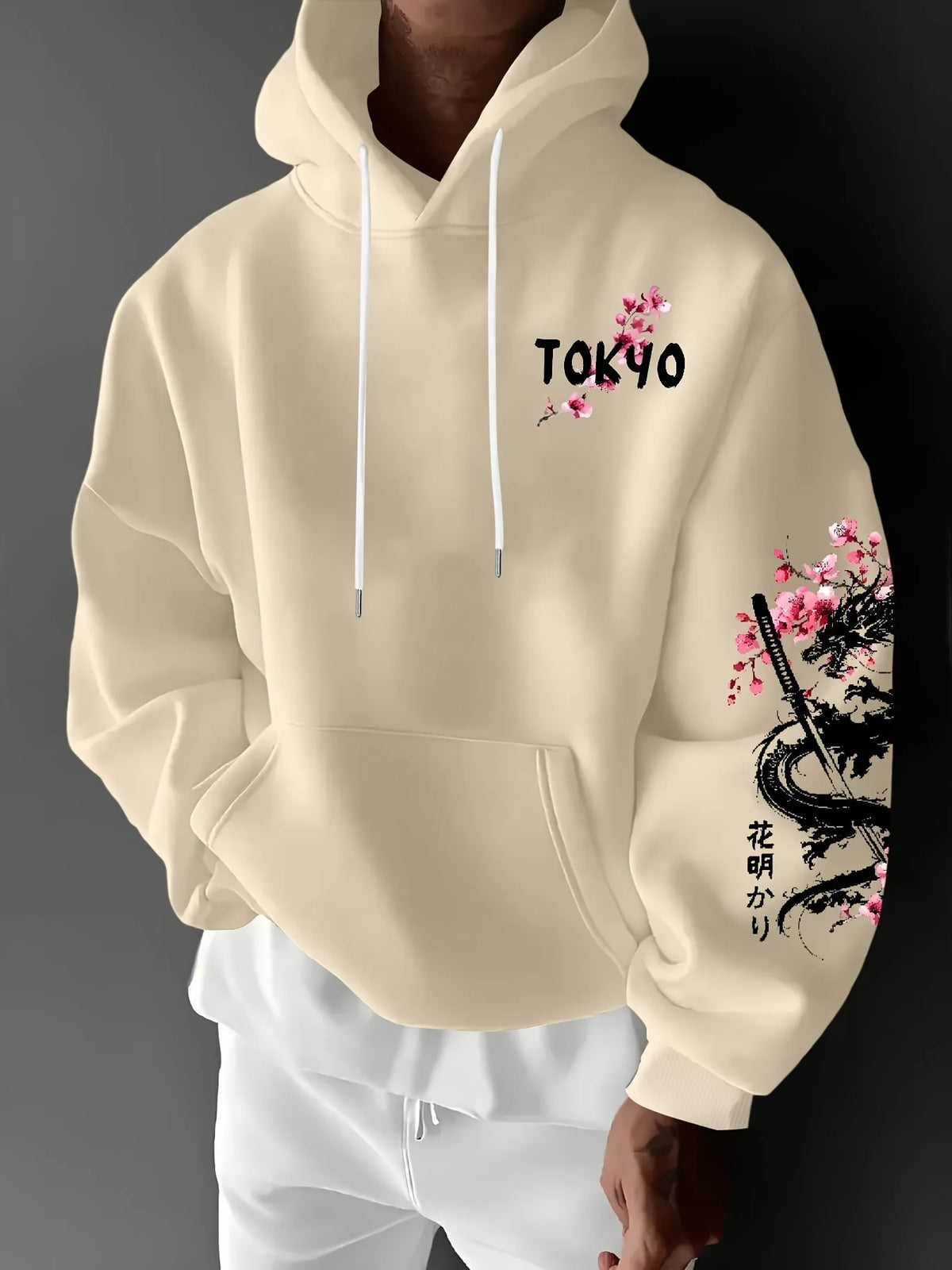 Japan Men Women Anime Dragon Sakura Print Hoodie Street Harajuku Y2K Sports Casual Loose Autumn Winter Warm Sweatshirt Clothing