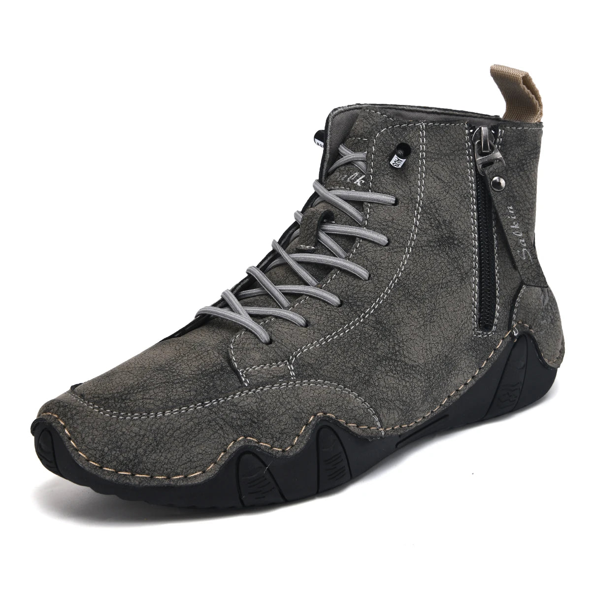 Men's Hand-Stitched Vintage Boots, Fashionable Solid Color Side Zipper High-Top Casual Shoes, Spring and Autumn Everyday Wear, Bare Boots, Outdoor Hiking Sneakers
