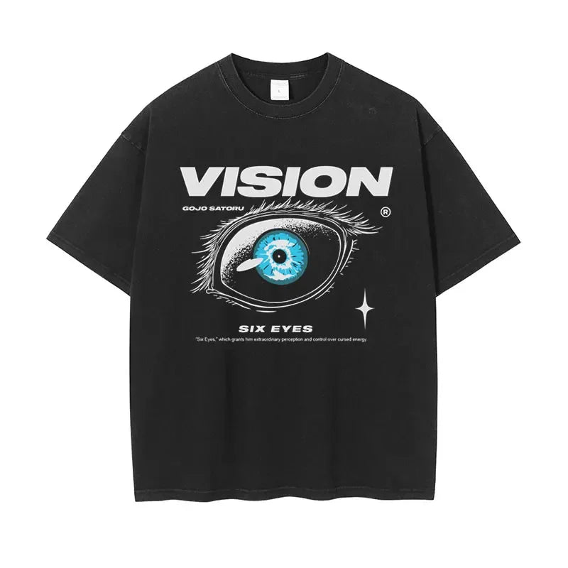 Anime Jujutsu Kaisen Gojo Satoru T Shirt Men Vintage Washed Black Tees Casual Streetwear Oversized Cotton Short Sleeve T-shirts