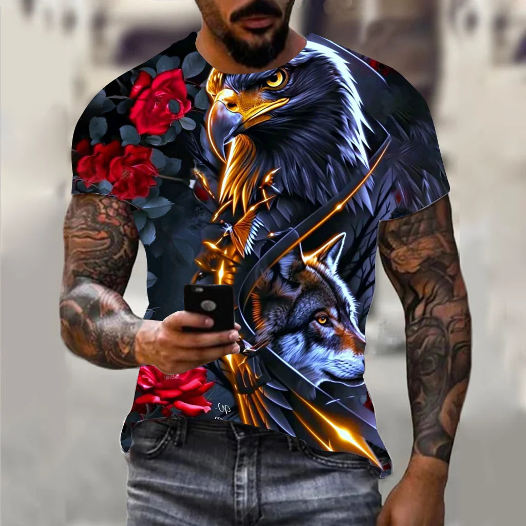 Harajuku Men's T-shirt Hip Hop Trend Street Casual Round Neck Short Sleeve Loose Top Fun 3D Animal Eagle Print T-shirt