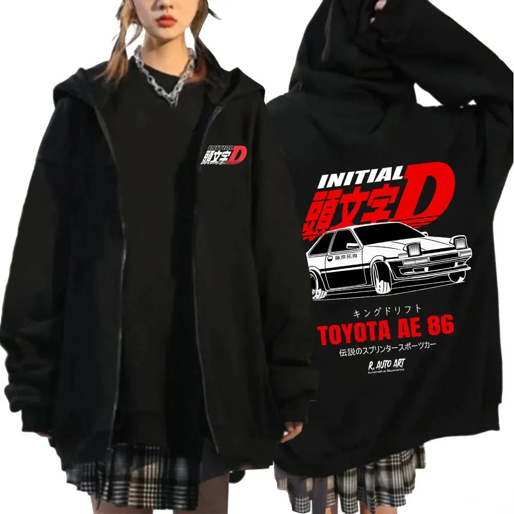Anime Initial D Drift AE86 Zipper Hoodie Casual Vintage Zip Up Hooded Sweatshirts JDM Car Oversized Hoodies Cardigan Jacket Coat
