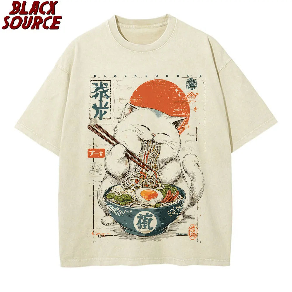T0220 Cute Ramen T Shirts for Men Japanese Cat T-shirt Summer Cotton Short Sleeve Graphic T Shirts Unisex Clothing Cartoon