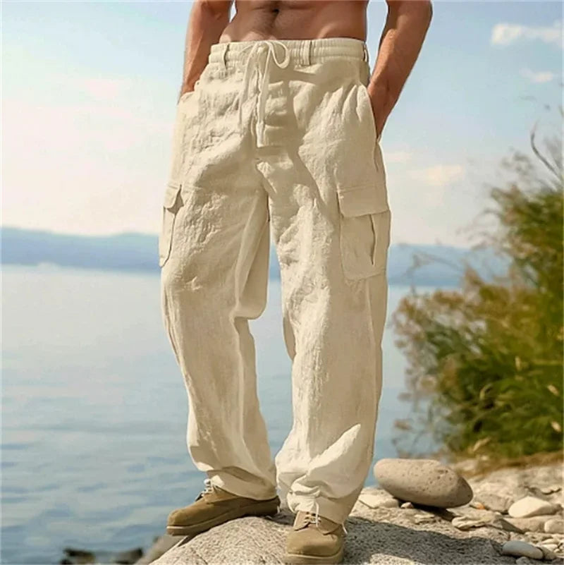 Men's Casual Trousers Loose Comfortable Cargo Pants Pants Man Cotton Linen Multi-Pocket Straight Trousers Beach Thin Men Pants