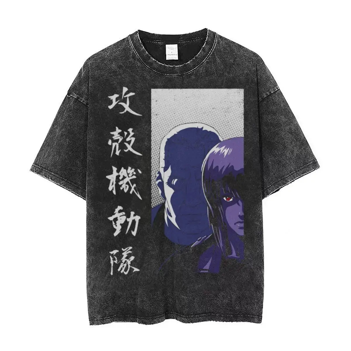 Anime Ghost in The Shell Kusanagi Motoko Print Tee Men Vintage Washed T-shirts Manga Casual T Shirt Harajuku Male Cotton Tshirt