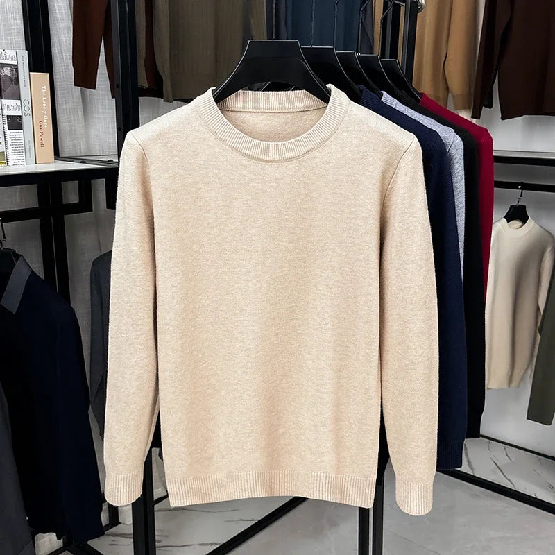 Soft Knit Men Crew Neck Long‑Sleeve Sweater Solid‑Color Plain Pullover Casual Business Basic Knitwear for Men