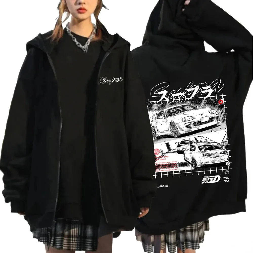 Anime Initial D Drift AE86 Zipper Hoodie Casual Vintage Zip Up Hooded Sweatshirts JDM Car Oversized Hoodies Cardigan Jacket Coat