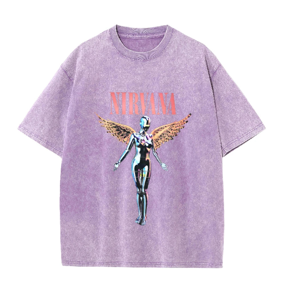 Nirvana Angel In Utero Print Vintage Washed T Shirt Rock Band Casual Top