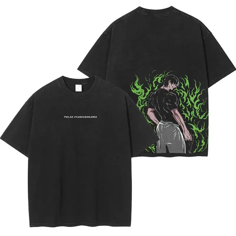 Anime Jujutsu Kaisen Gojo Satoru T Shirt Men Vintage Washed Black Tees Casual Streetwear Oversized Cotton Short Sleeve T-shirts