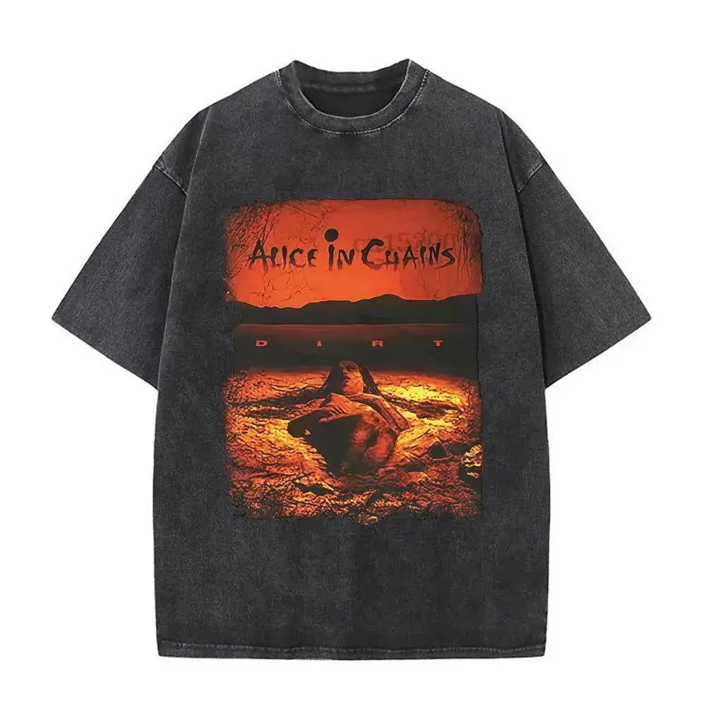 New in Top & Tees Mens T-Shirt Camisetas Rock Band Alice in Chains Dirt Washed Vintage Short Sleeved Round Neck Y2k Tshirt