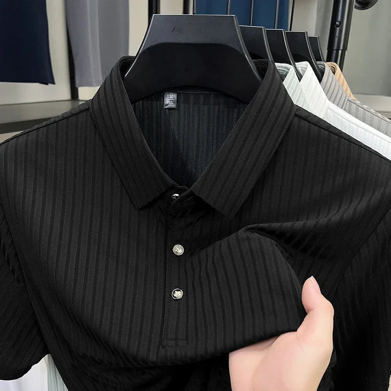 2026 New Men's Casual Fashion Striped Short Sleeved Collar Polo Shirt Breathable and Comfortable Summer Versatile T-shirt