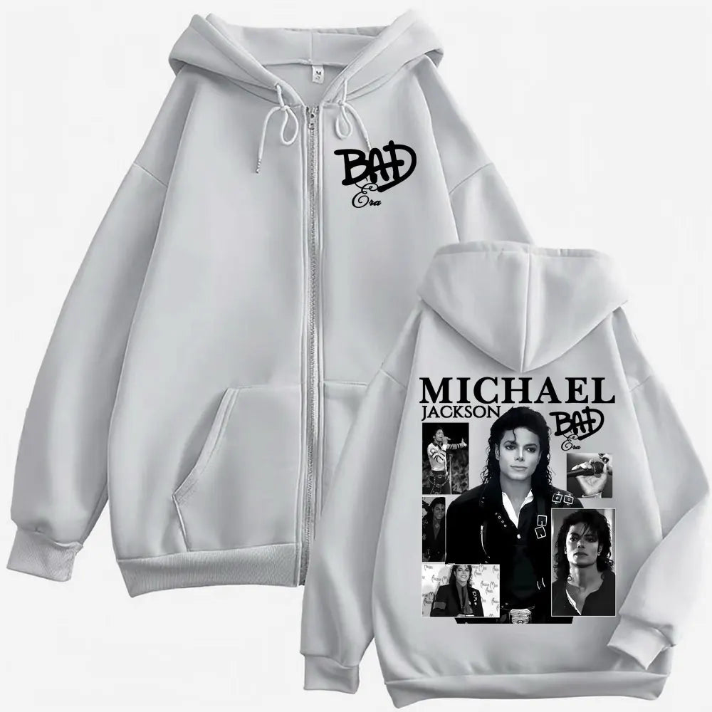 King of Pop Michael Jackson Bad Era Zipper Hoodie Men Women Harajuku Streetwear Jacket Sweatshirt Fleece Casual Zip Up Pullovers