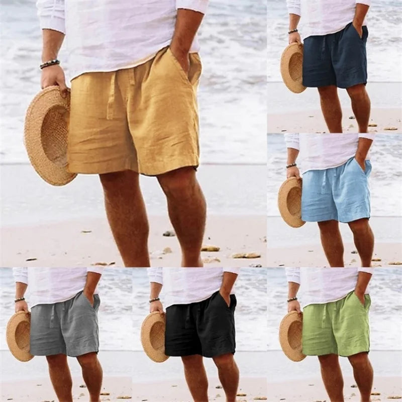 Cotton Linen Men's Shorts Summer Loose Fit Straight Leg Casual Solid Color Beach Pants Trendy