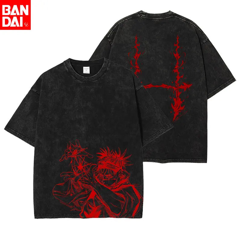 Anime Jujutsu Kaisen Gojo Satoru T Shirt Men Vintage Washed Black Tees Casual Streetwear Oversized Cotton Short Sleeve T-shirts
