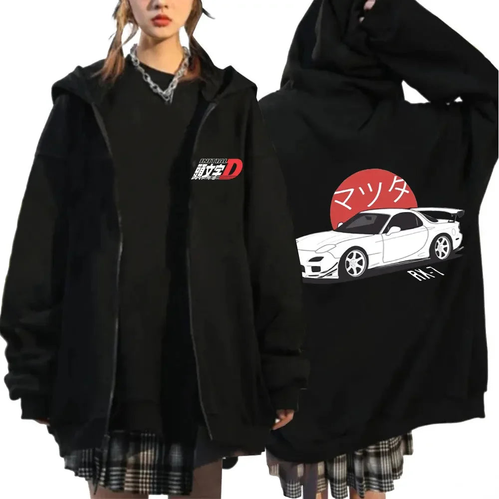 Anime Initial D Drift AE86 Zipper Hoodie Casual Vintage Zip Up Hooded Sweatshirts JDM Car Oversized Hoodies Cardigan Jacket Coat