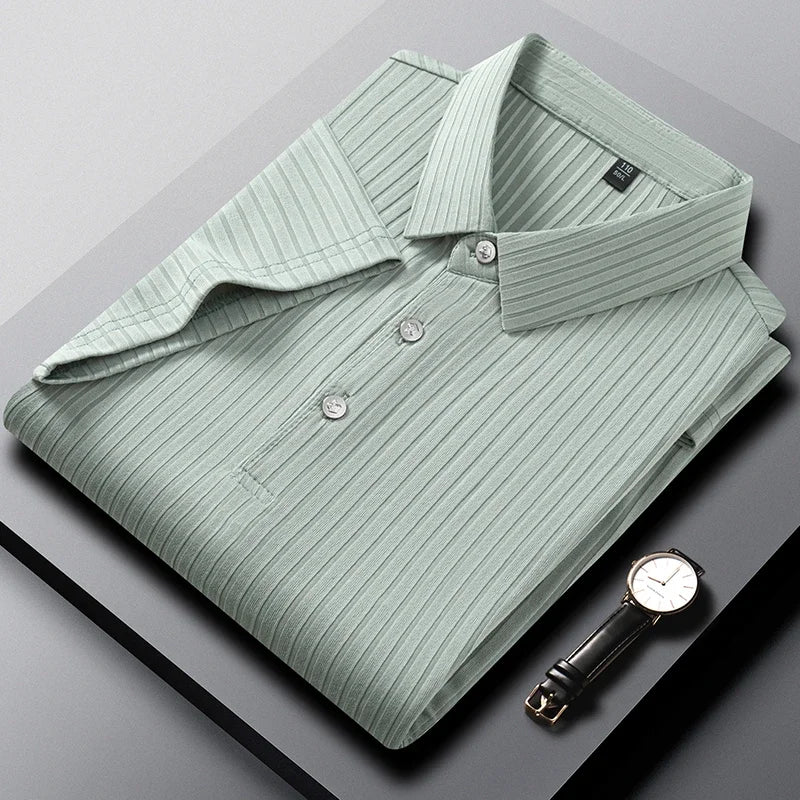 2026 New Men's Casual Fashion Striped Short Sleeved Collar Polo Shirt Breathable and Comfortable Summer Versatile T-shirt