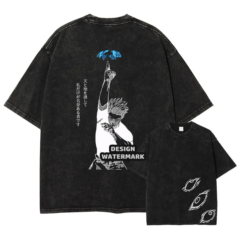 Anime Jujutsu Kaisen Gojo Satoru T Shirt Men Vintage Washed Black Tees Casual Streetwear Oversized Cotton Short Sleeve T-shirts