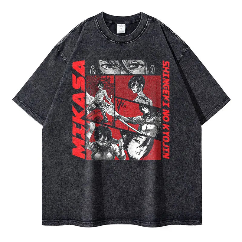 Eren Jaeger T-shirts Vintage Washed  Anime T-Titan A-Attack T Shirt Manga Shingeki no Kyojin Levi Mikasa Short Sleeve Tops Tees