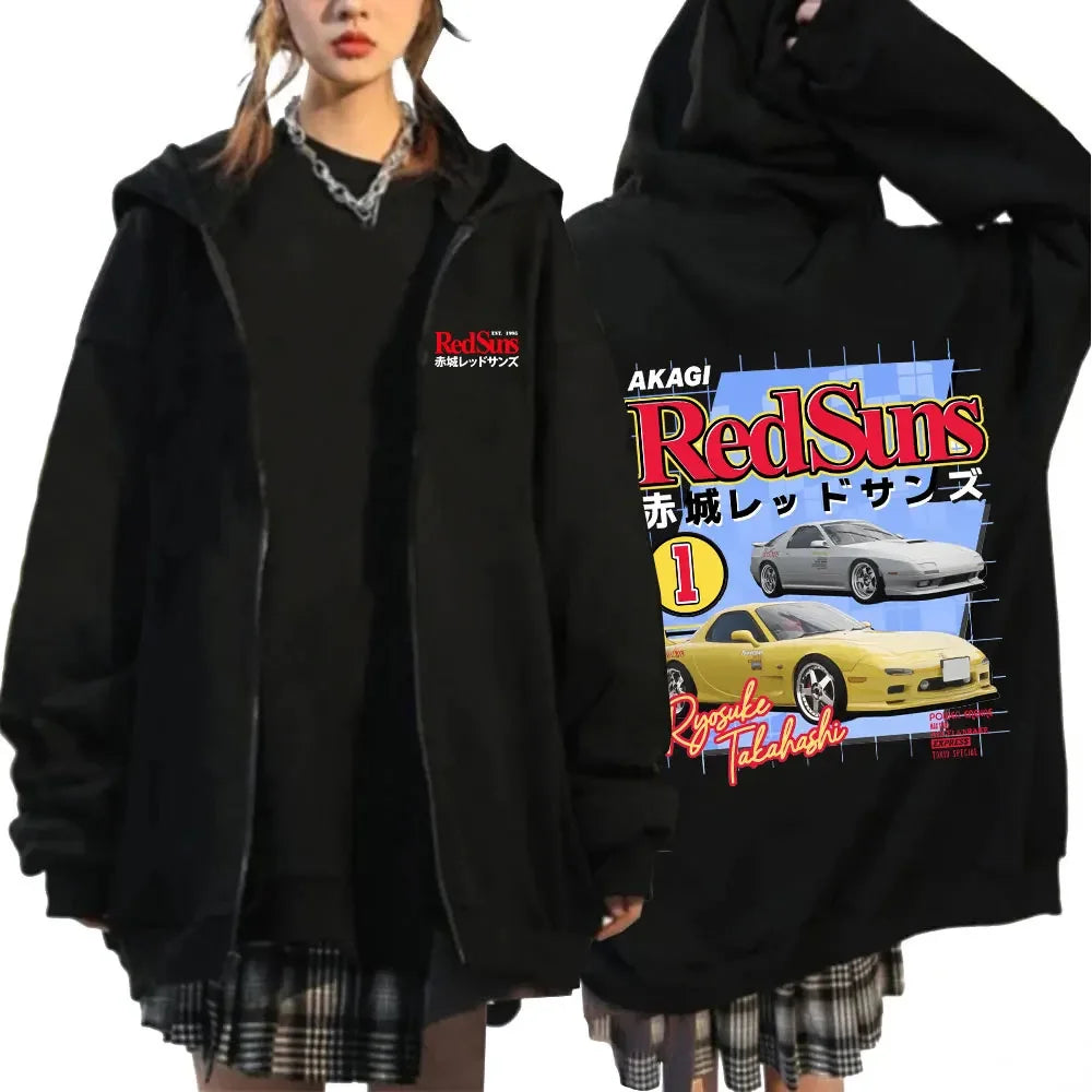 Anime Initial D Drift AE86 Zipper Hoodie Casual Vintage Zip Up Hooded Sweatshirts JDM Car Oversized Hoodies Cardigan Jacket Coat