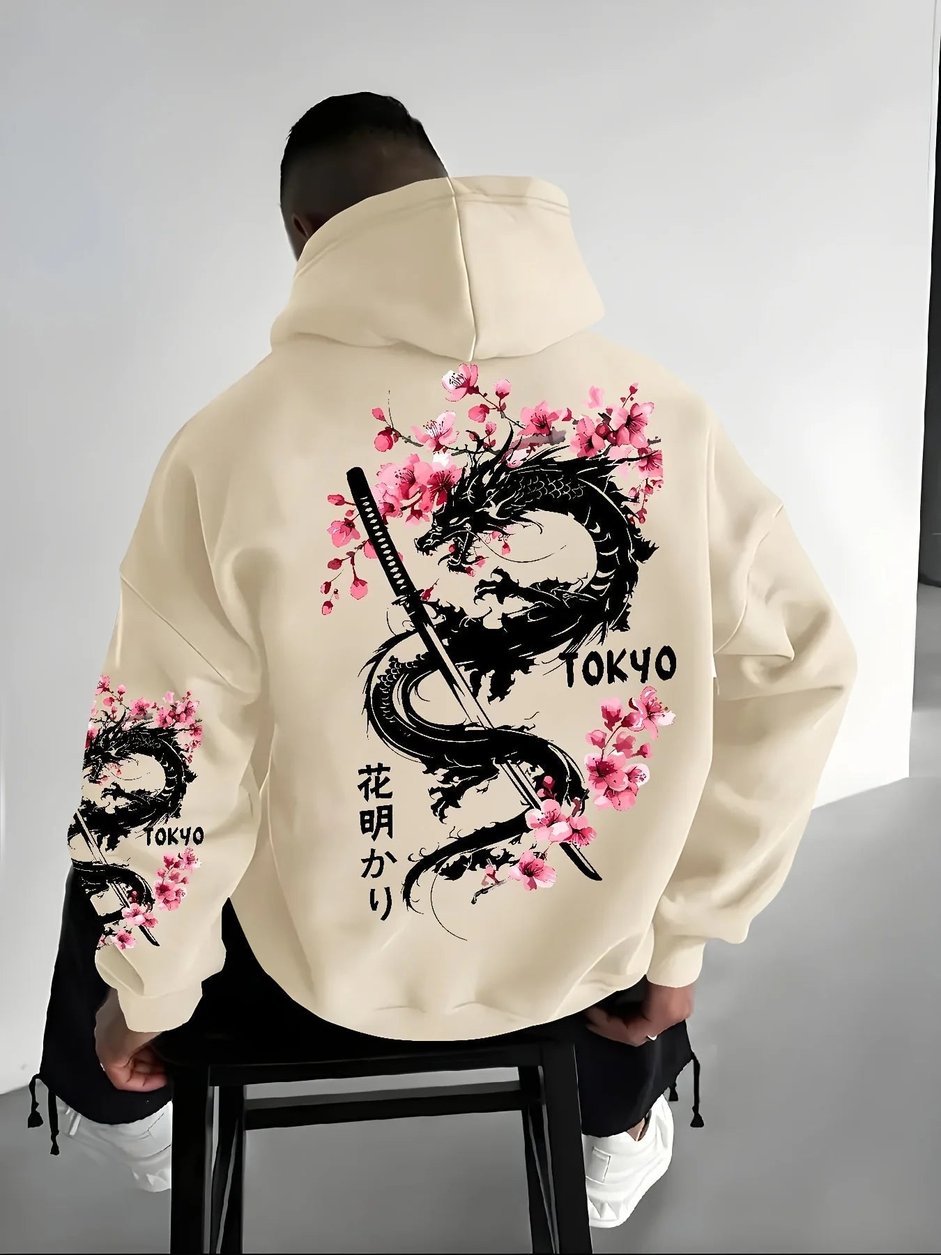 Japan Men Women Anime Dragon Sakura Print Hoodie Street Harajuku Y2K Sports Casual Loose Autumn Winter Warm Sweatshirt Clothing