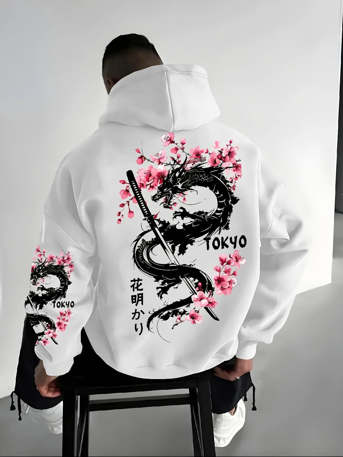 Japan Men Women Anime Dragon Sakura Print Hoodie Street Harajuku Y2K Sports Casual Loose Autumn Winter Warm Sweatshirt Clothing