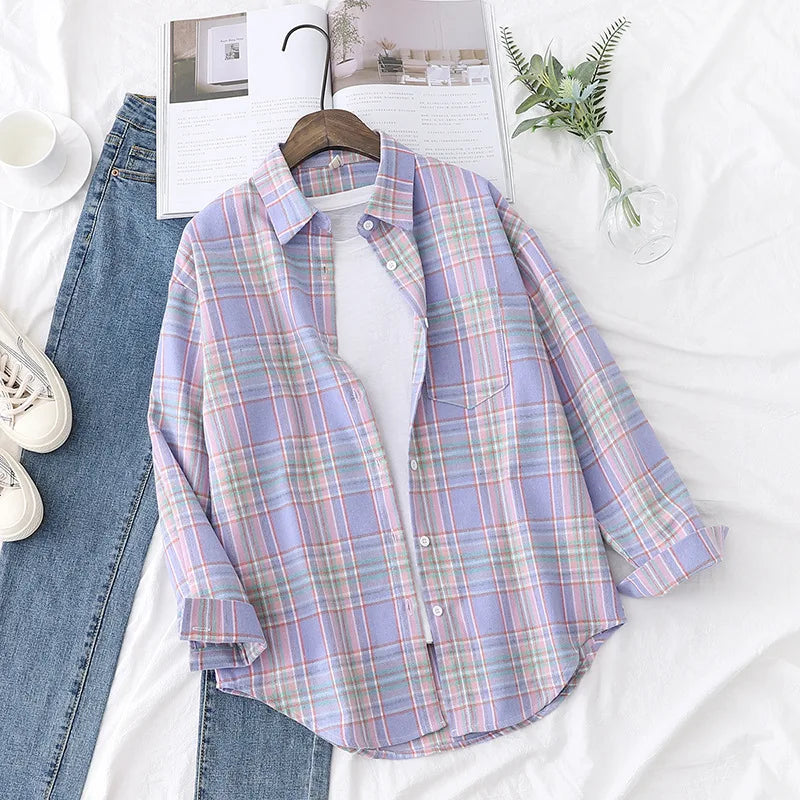 Brand Casual Women's Flannel Plaid Shirt 2025 Autumn New Boutique Ladies Loose Blouse and Tops Female Long Sleeve Shirts Clothes