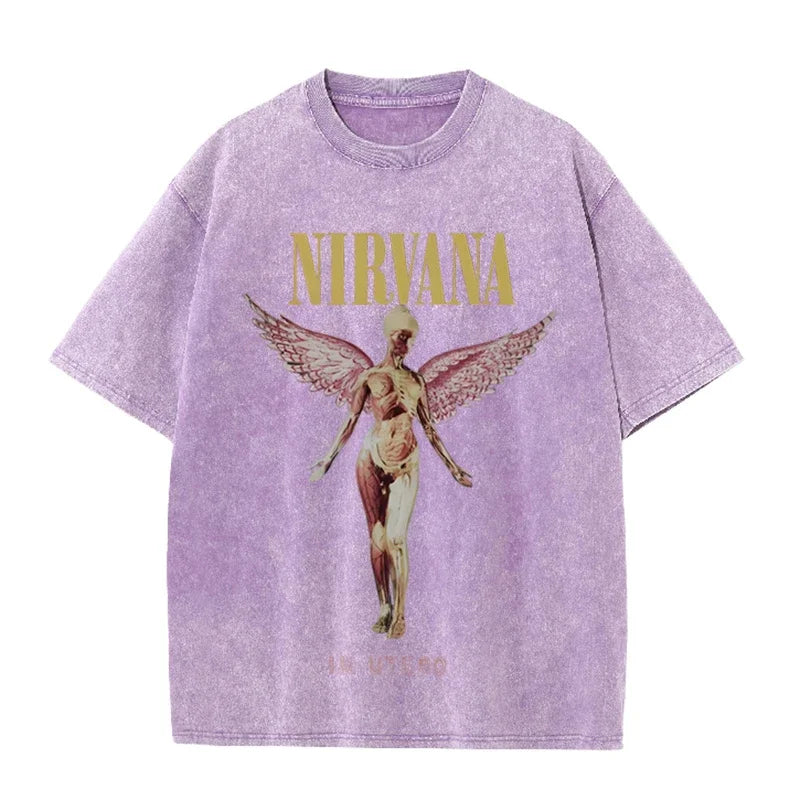 Nirvana Angel In Utero Print Vintage Washed T Shirt Rock Band Casual Top
