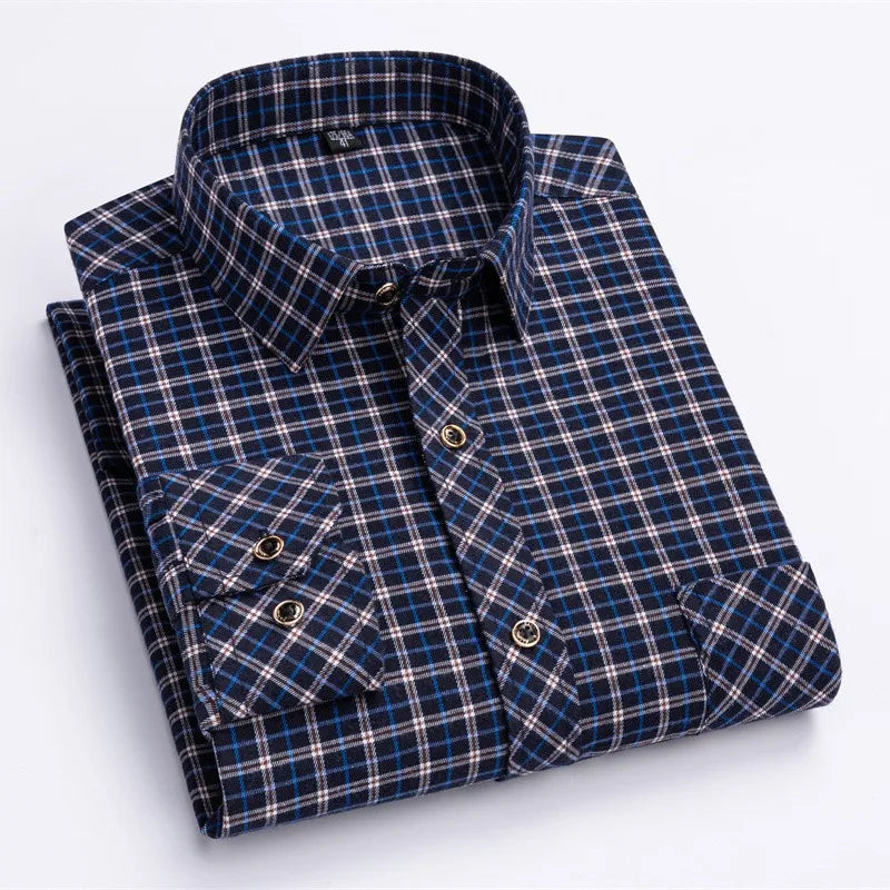 2024 New Men's Flannel Shirts Long Sleeve Cotton Soft Regular-fit Brushed Single Pocket Comfortable Casual Fashion Plaid Shirts