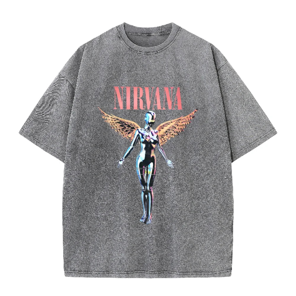 Nirvana Angel In Utero Print Vintage Washed T Shirt Rock Band Casual Top