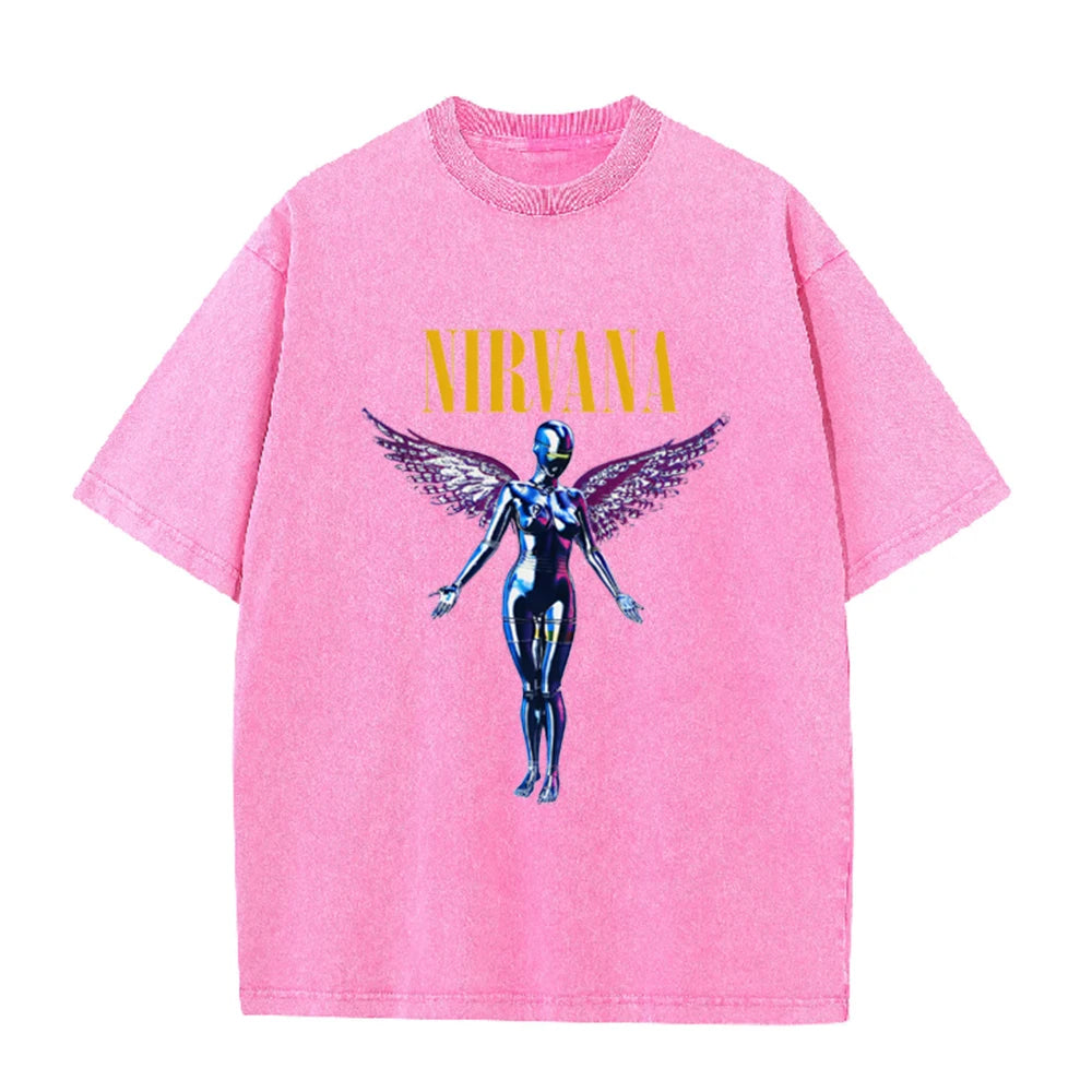 Nirvana Angel In Utero Print Vintage Washed T Shirt Rock Band Casual Top