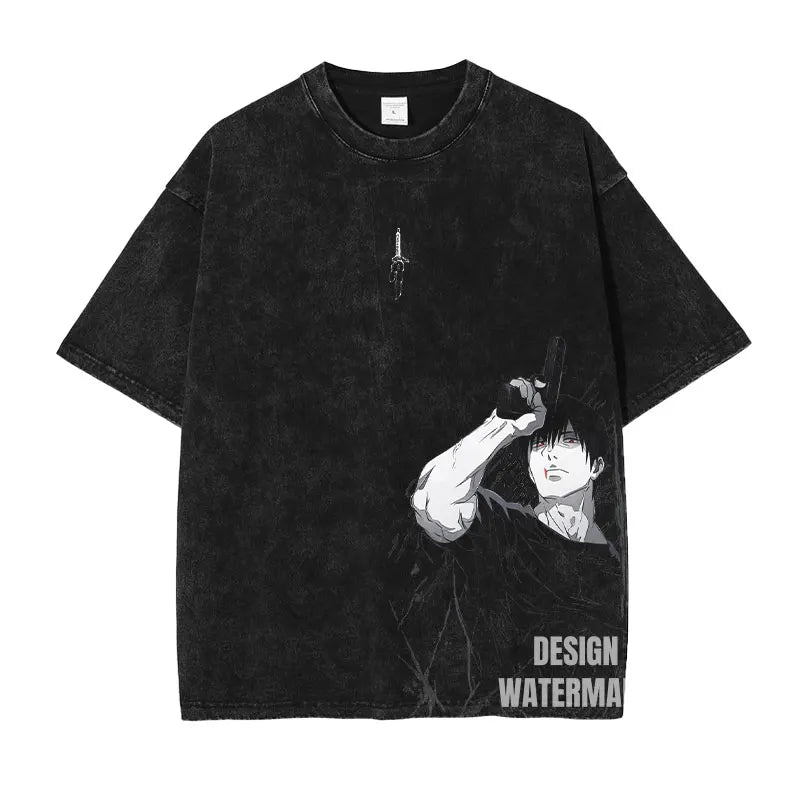 Anime Jujutsu Kaisen Gojo Satoru T Shirt Men Vintage Washed Black Tees Casual Streetwear Oversized Cotton Short Sleeve T-shirts
