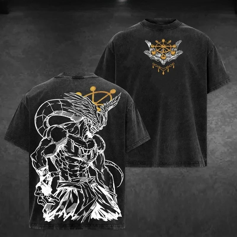 Anime Jujutsu Kaisen Mahoraga Printed Tee Men Women Washed Cotton T-shirts Short Sleeve Vintage T Shirt Harajuku Male Tshirt