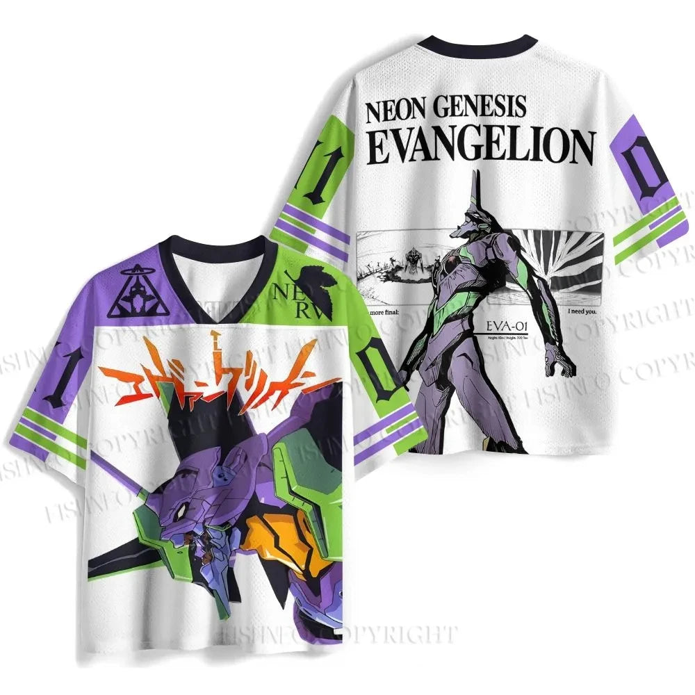 New Summer Anime Evangelion Rei Ayanami The Last Angel Print Jersey T-shirt Men Oversized Streetwear V-Neck Casual Tops