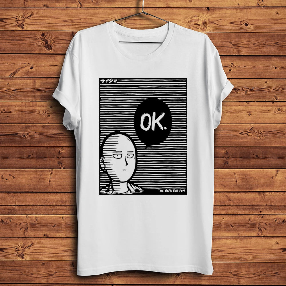 One Punch Hero, Saitama, OK MAN, Funny Anime Tshirt, Men White Casual Short Sleeve T-Shirt, Unisex Streetwear, Manga Tee