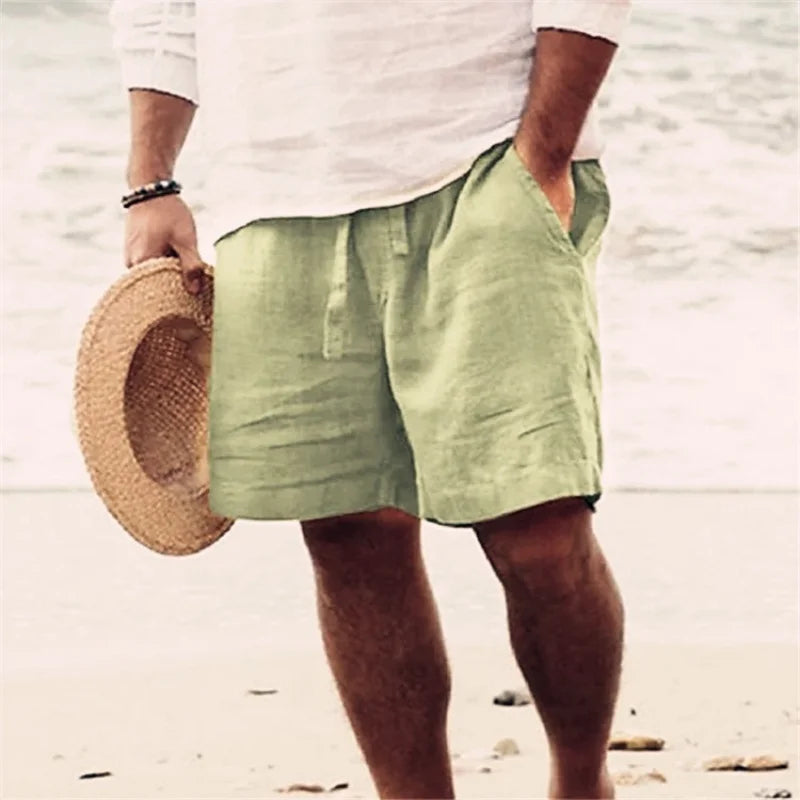Cotton Linen Men's Shorts Summer Loose Fit Straight Leg Casual Solid Color Beach Pants Trendy