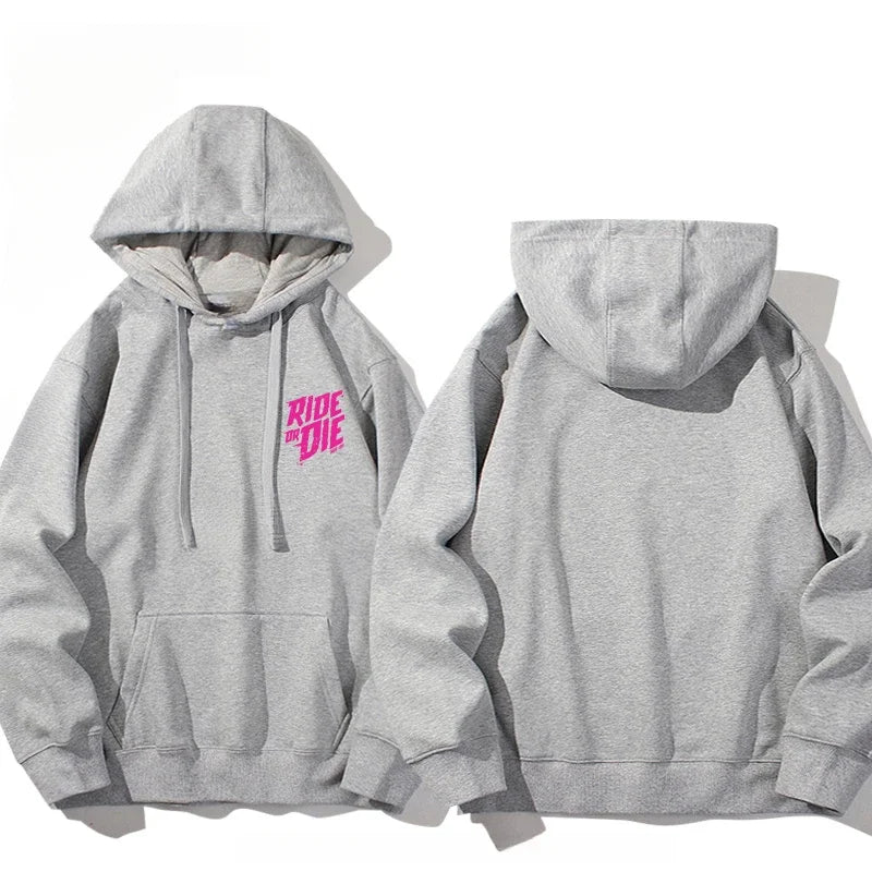 Men's Ride or Die Lettering Hoodie Printed Adult Casual Long Sleeve Hip-Hop Street Sweatshirt Autumn and Winter Warm Sweatshirt