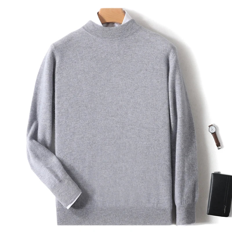 100% Pure Merino Wool Men's Semi High Neck Pullover Solid Color Plus Size Casual Sweater Autumn And Winter Sports Cashmere Top