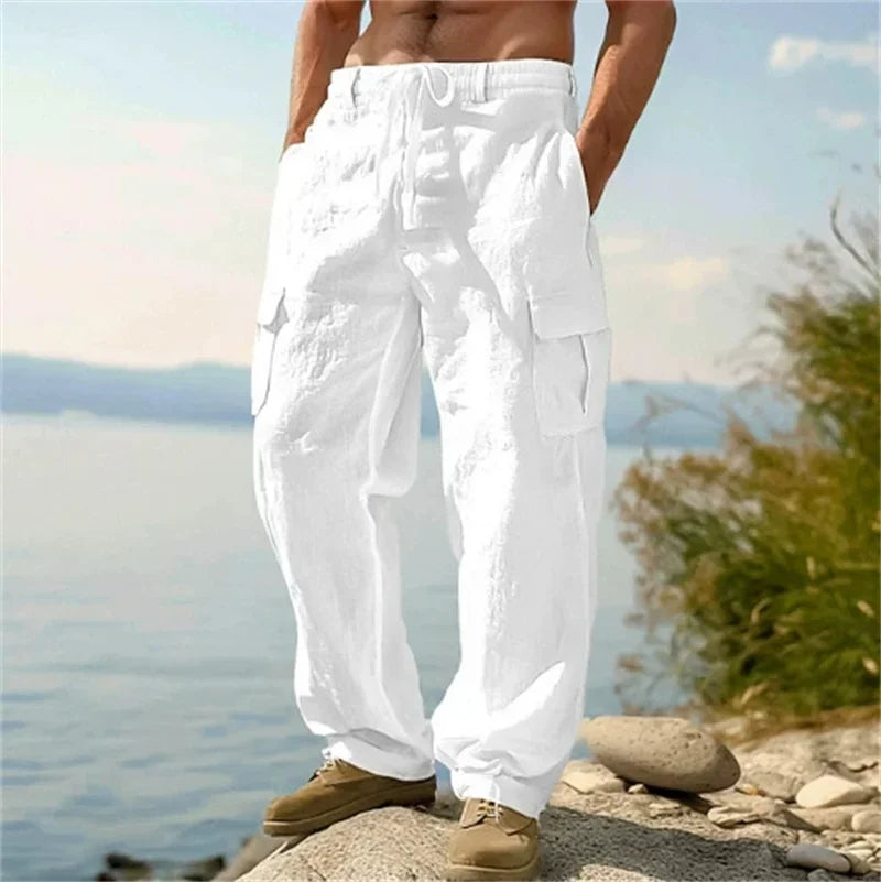 Men's Casual Trousers Loose Comfortable Cargo Pants Pants Man Cotton Linen Multi-Pocket Straight Trousers Beach Thin Men Pants