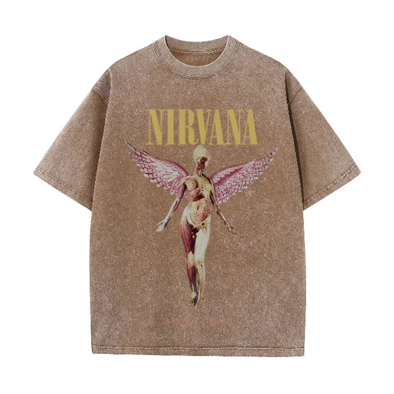 Nirvana Angel In Utero Print Vintage Washed T Shirt Rock Band Casual Top