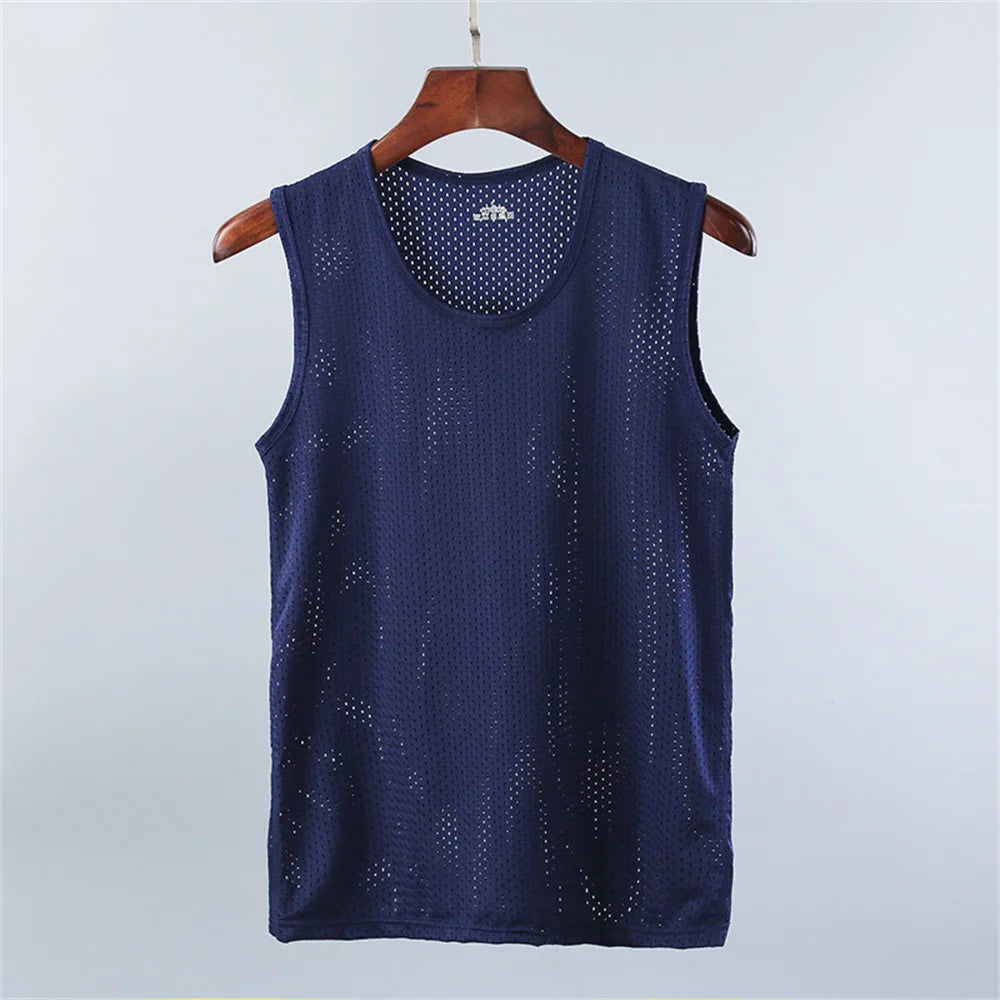 Men's Ice Silk Mesh Vest Lightweight Sports Summer Wear Sleeveless T-shirt Tank Top Casual Fashion Outerwear