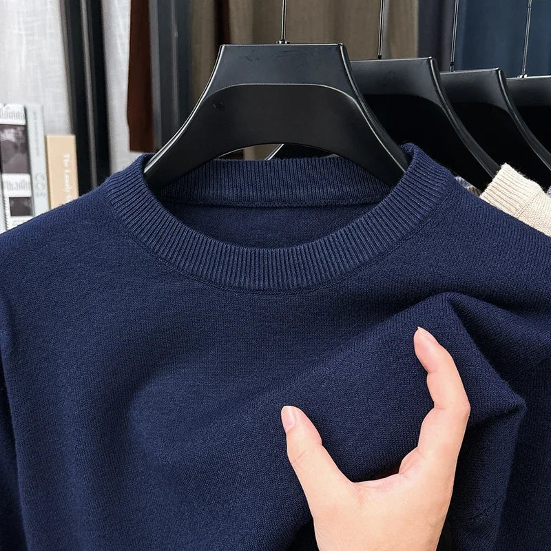 Soft Knit Men Crew Neck Long‑Sleeve Sweater Solid‑Color Plain Pullover Casual Business Basic Knitwear for Men