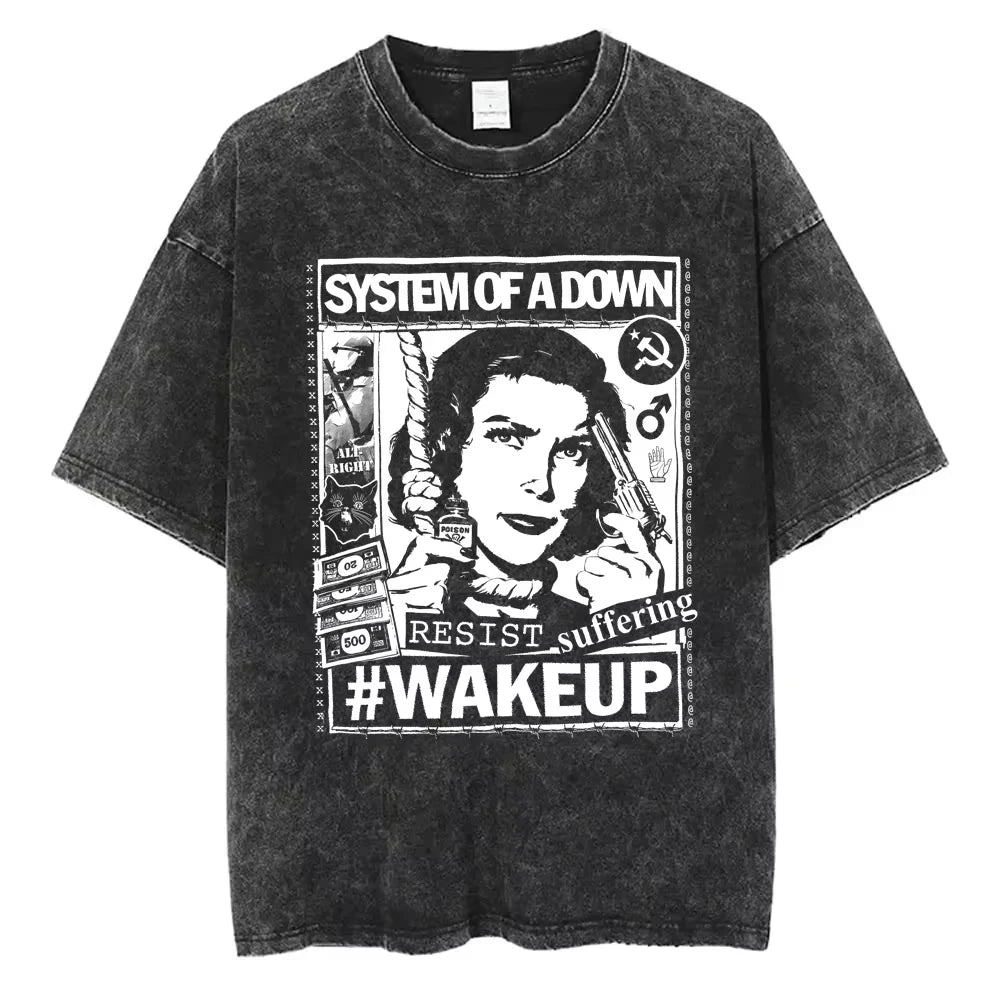 90s Alternative Rock Band System of A Down Washed Vintage T-shirts Men Women Fashion Oversized T Shirt Male Casual Cotton Tshirt