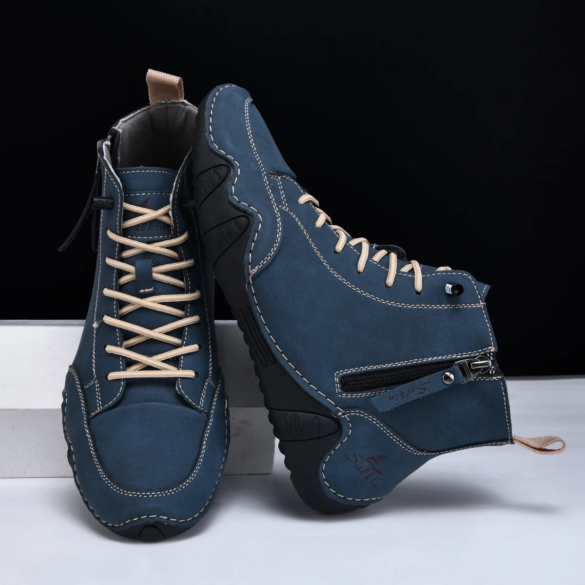 Men's Hand-Stitched Vintage Boots, Fashionable Solid Color Side Zipper High-Top Casual Shoes, Spring and Autumn Everyday Wear, Bare Boots, Outdoor Hiking Sneakers