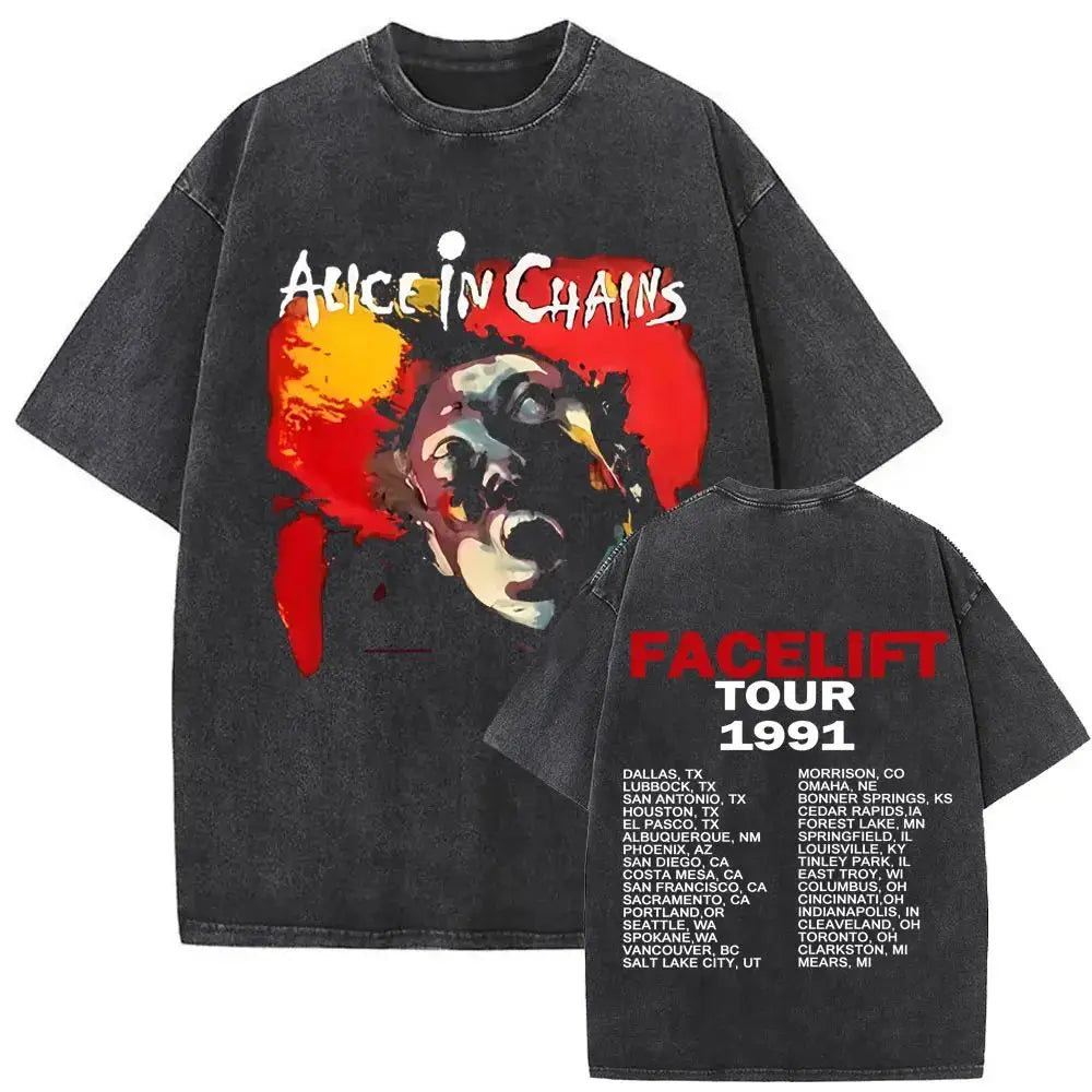 New in Top & Tees Mens T-Shirt Camisetas Rock Band Alice in Chains Dirt Washed Vintage Short Sleeved Round Neck Y2k Tshirt