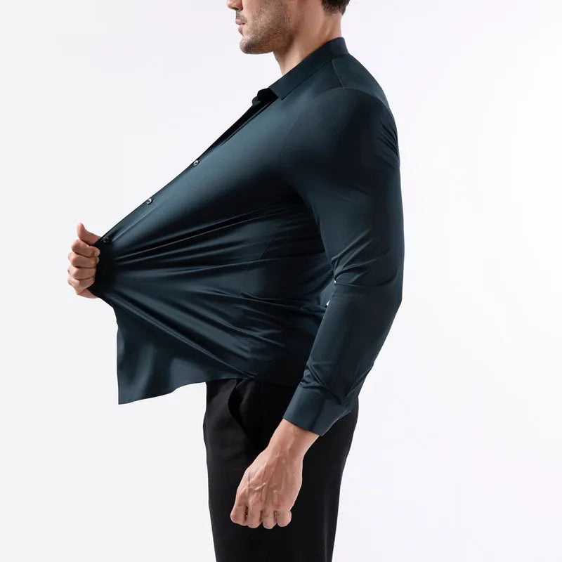 2025 High Elasticity Spandex Shirt Men Long Sleeve Spring Summer Slim Fit Casual Solid Color Social Formal Dress Shirts 100KG