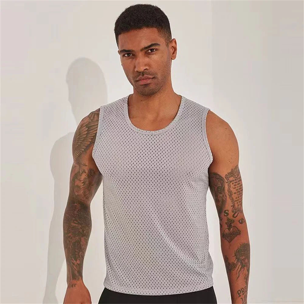 Men's Ice Silk Mesh Vest Lightweight Sports Summer Wear Sleeveless T-shirt Tank Top Casual Fashion Outerwear
