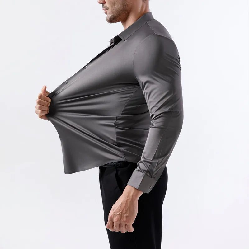 2025 High Elasticity Spandex Shirt Men Long Sleeve Spring Summer Slim Fit Casual Solid Color Social Formal Dress Shirts 100KG