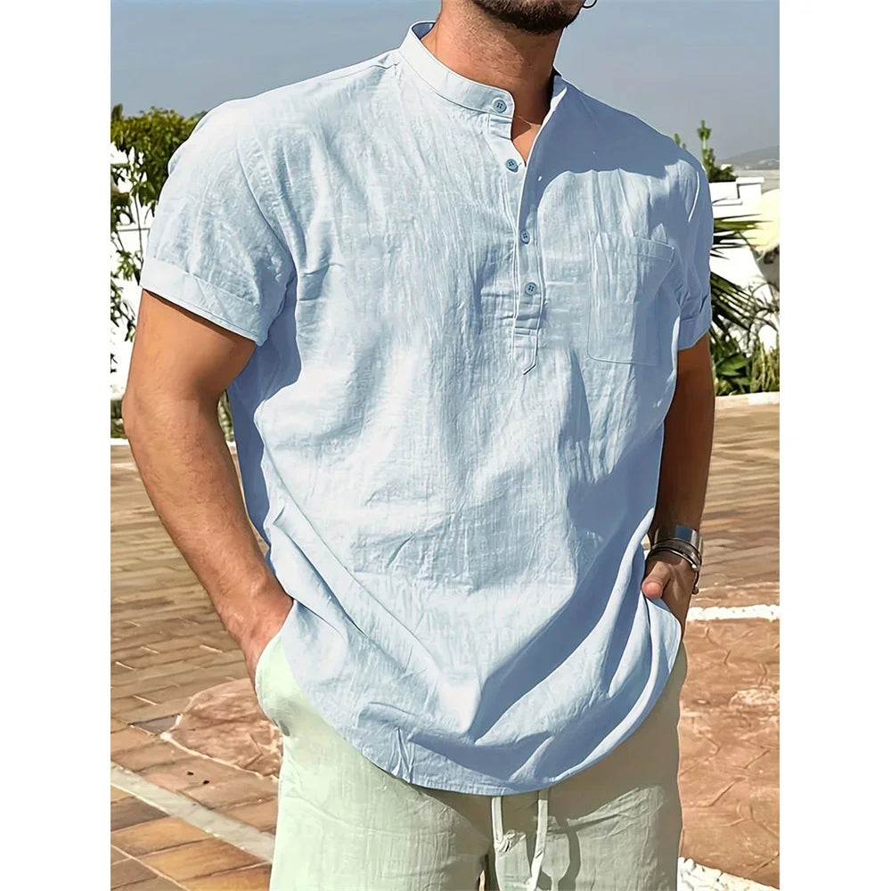 Summer Hot Sale Men's Cotton Linen T-shirt Henley Neck Casual Breathable Lightweight Solid Color Pocket Fashion Button Tops