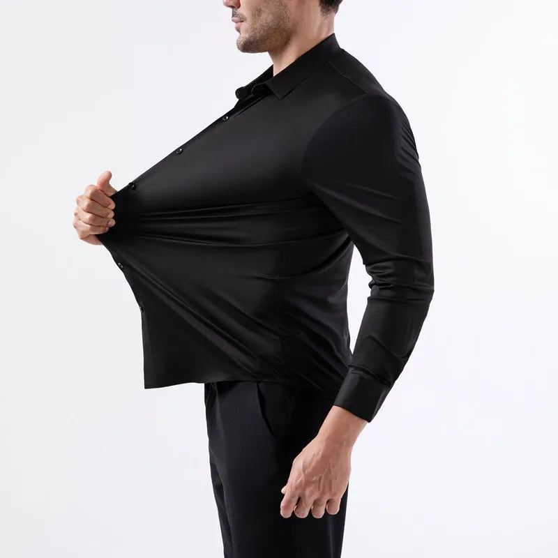2025 High Elasticity Spandex Shirt Men Long Sleeve Spring Summer Slim Fit Casual Solid Color Social Formal Dress Shirts 100KG