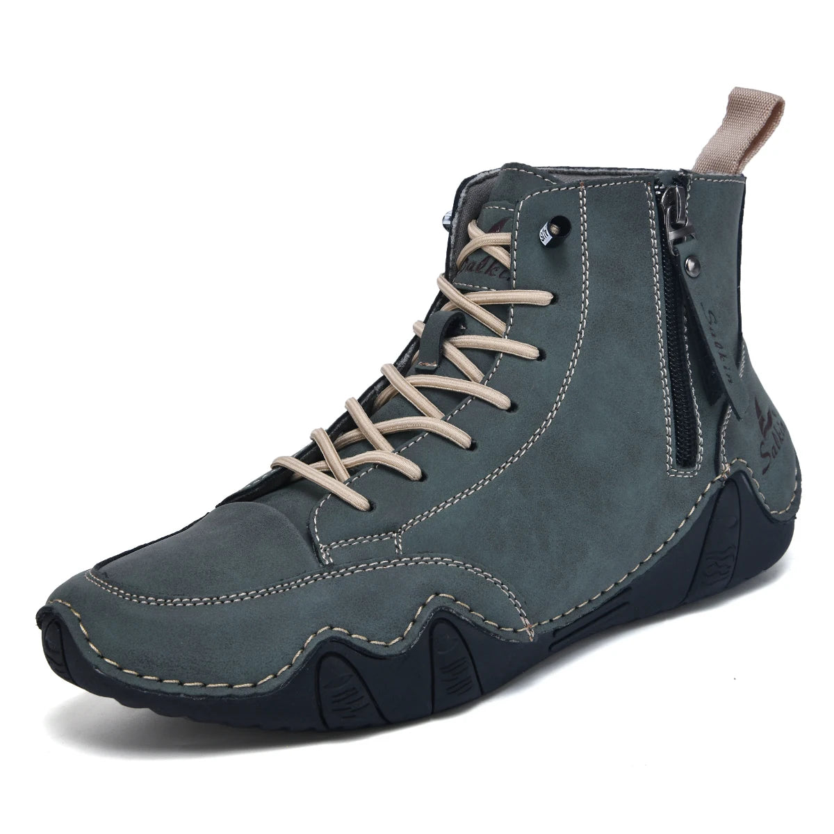 Men's Hand-Stitched Vintage Boots, Fashionable Solid Color Side Zipper High-Top Casual Shoes, Spring and Autumn Everyday Wear, Bare Boots, Outdoor Hiking Sneakers